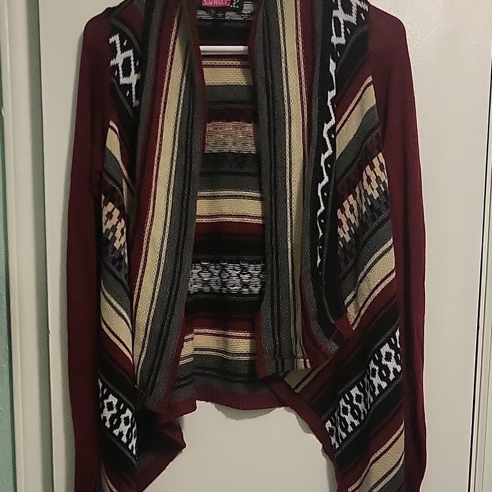 Say What? Red and Black Cardigan Sweater with Nordic Pattern
